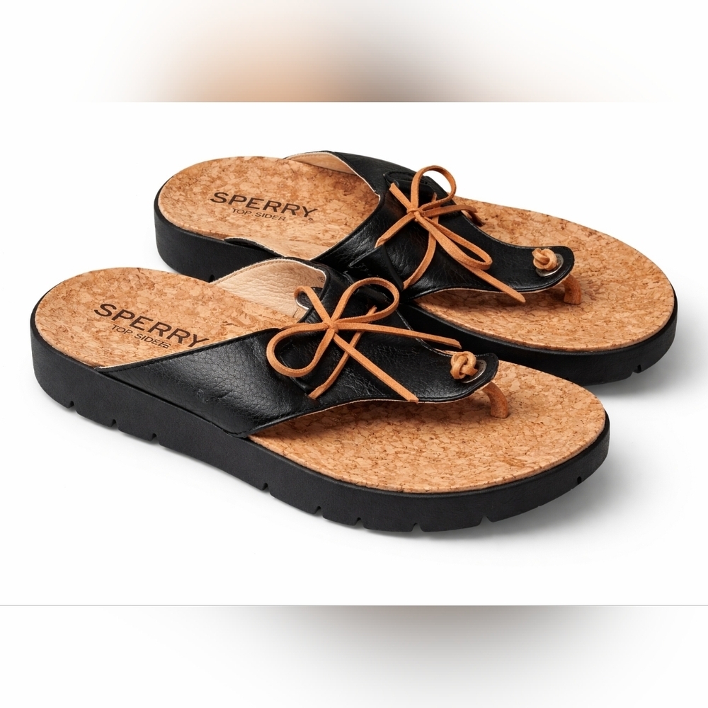 Sperry Top Sider Sandals Womens 5M Black Leather Cork Footbed Thong Flip Flop.